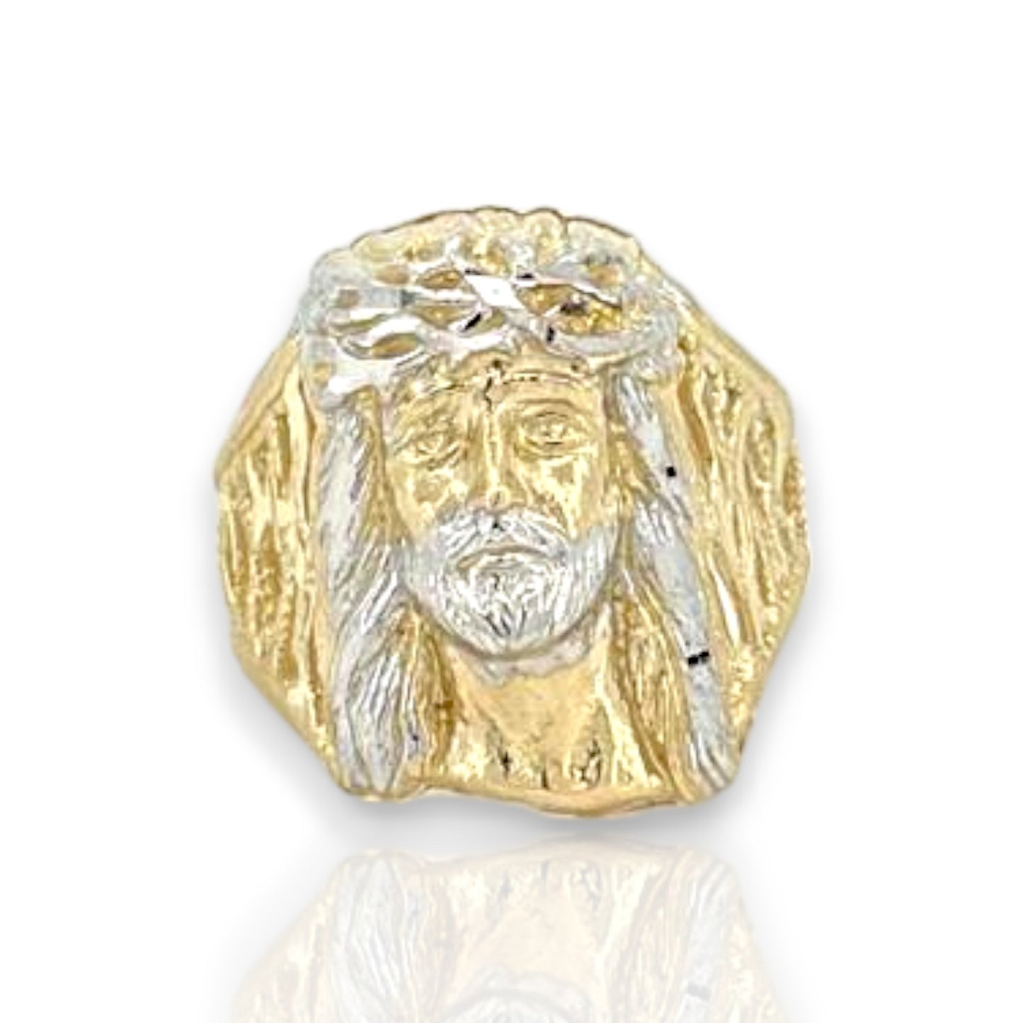 Anillo de dos tonos con cabeza de Jesús - Oro amarillo de 10 quilates