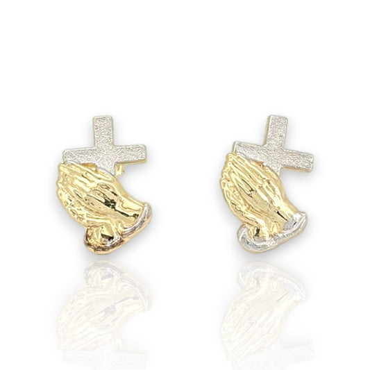 Praying Hands With Cross Earrings  - 10k Yellow Gold