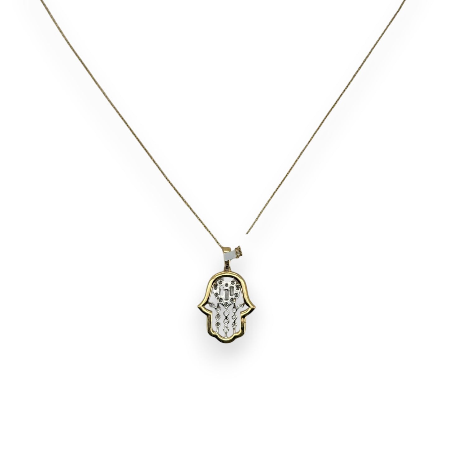 Hamsa Diamond Pendant With Cable Chain - 14K Yellow Gold