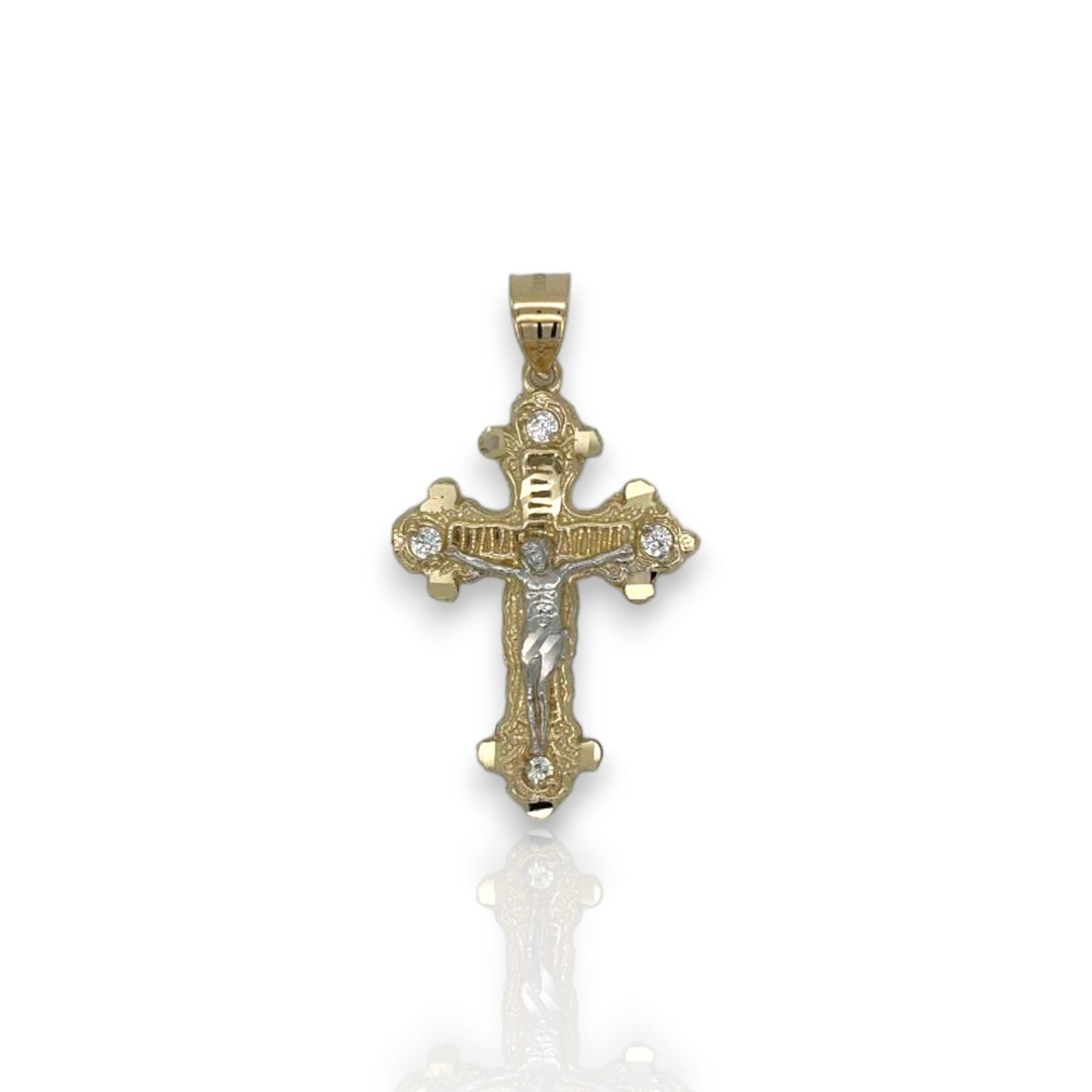 Cross Crucifix Two Tone Cz Pendant  - 10k Yellow Gold