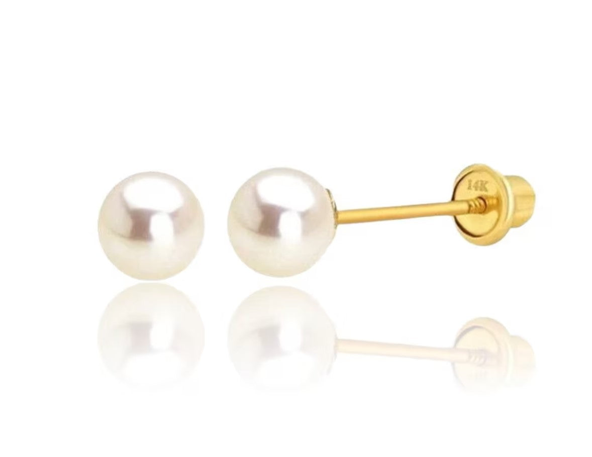 14K YELLOW GOLD ROUND GENUINE WHITE PEARL STUD EARRINGS SCREW BACKS