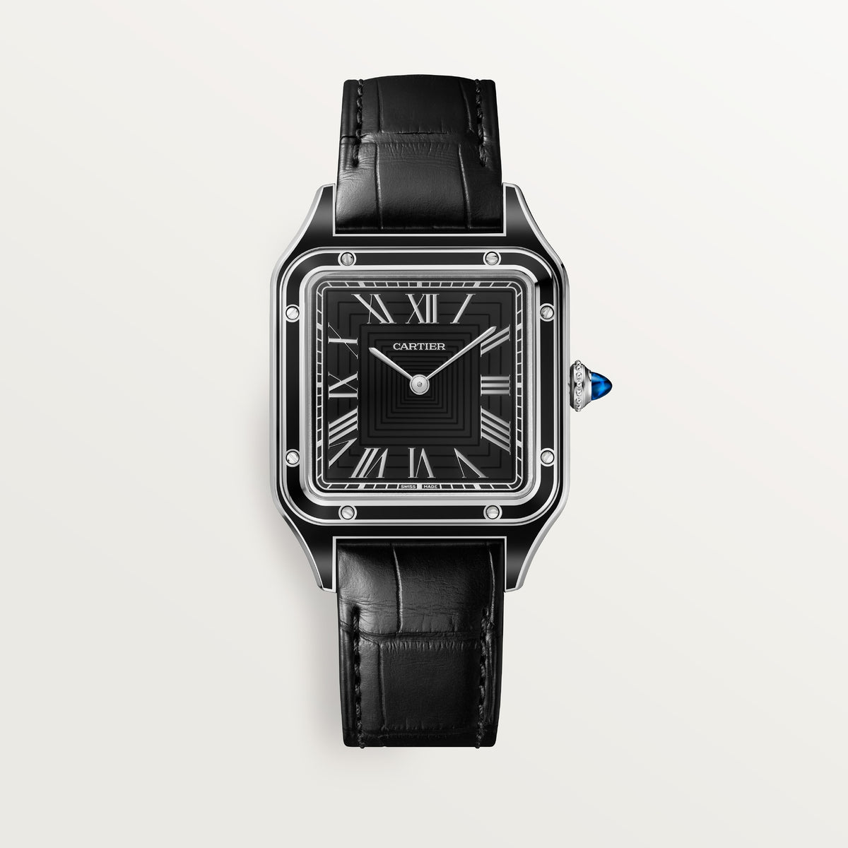 Cartier Santos-Dumont WSSA0046 - Large model Steel with black lacquer, Black lacquer Dial, Black alligator strap