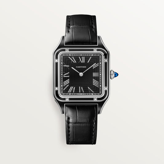 Cartier Santos-Dumont WSSA0046 - Large model Steel with black lacquer, Black lacquer Dial, Black alligator strap