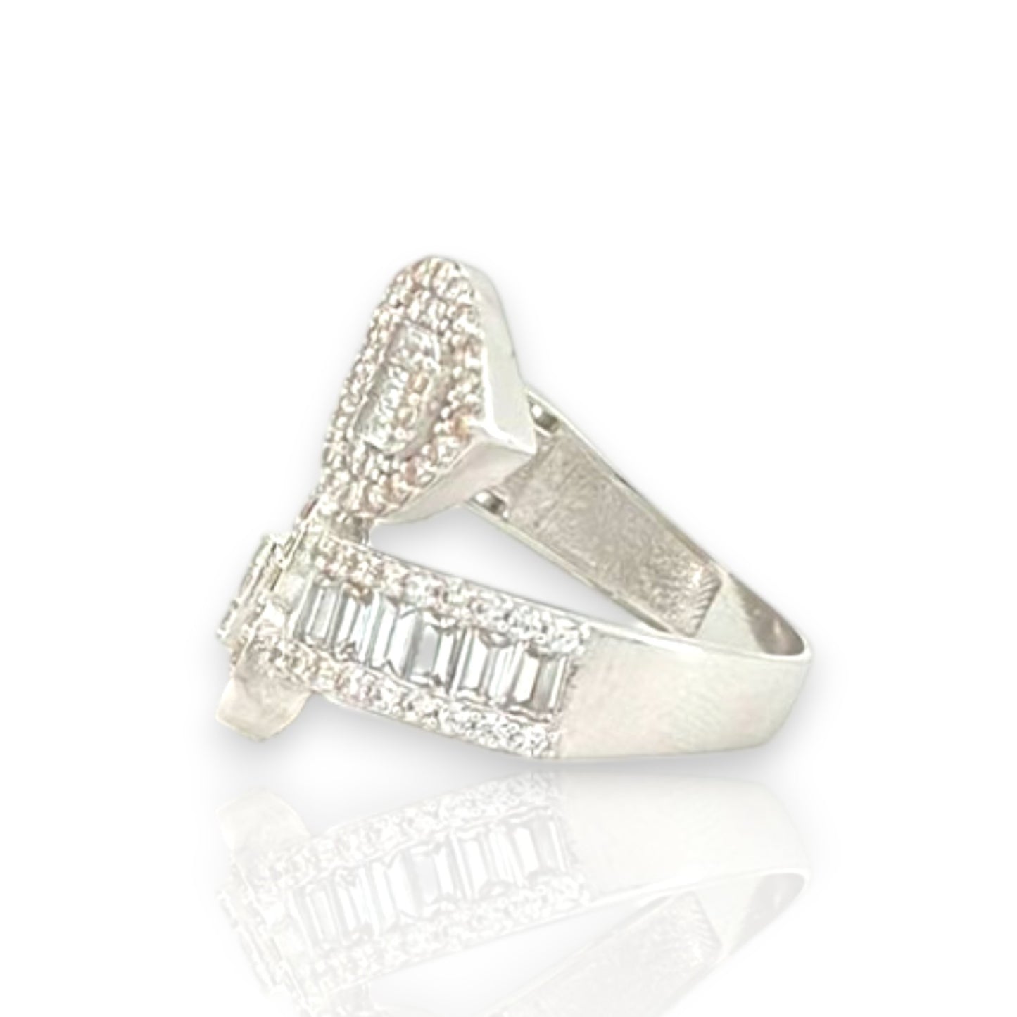 Baguette and Round Cut Heart Wrap Ring With CZ - 10K White Gold