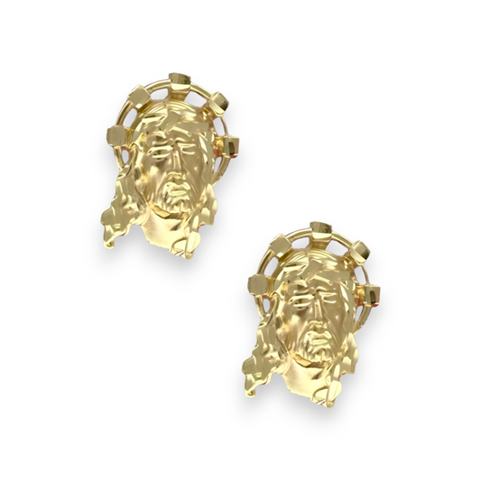 Textured Detailed Jesus Head Stud Earrings Solid - 10K Yellow Gold