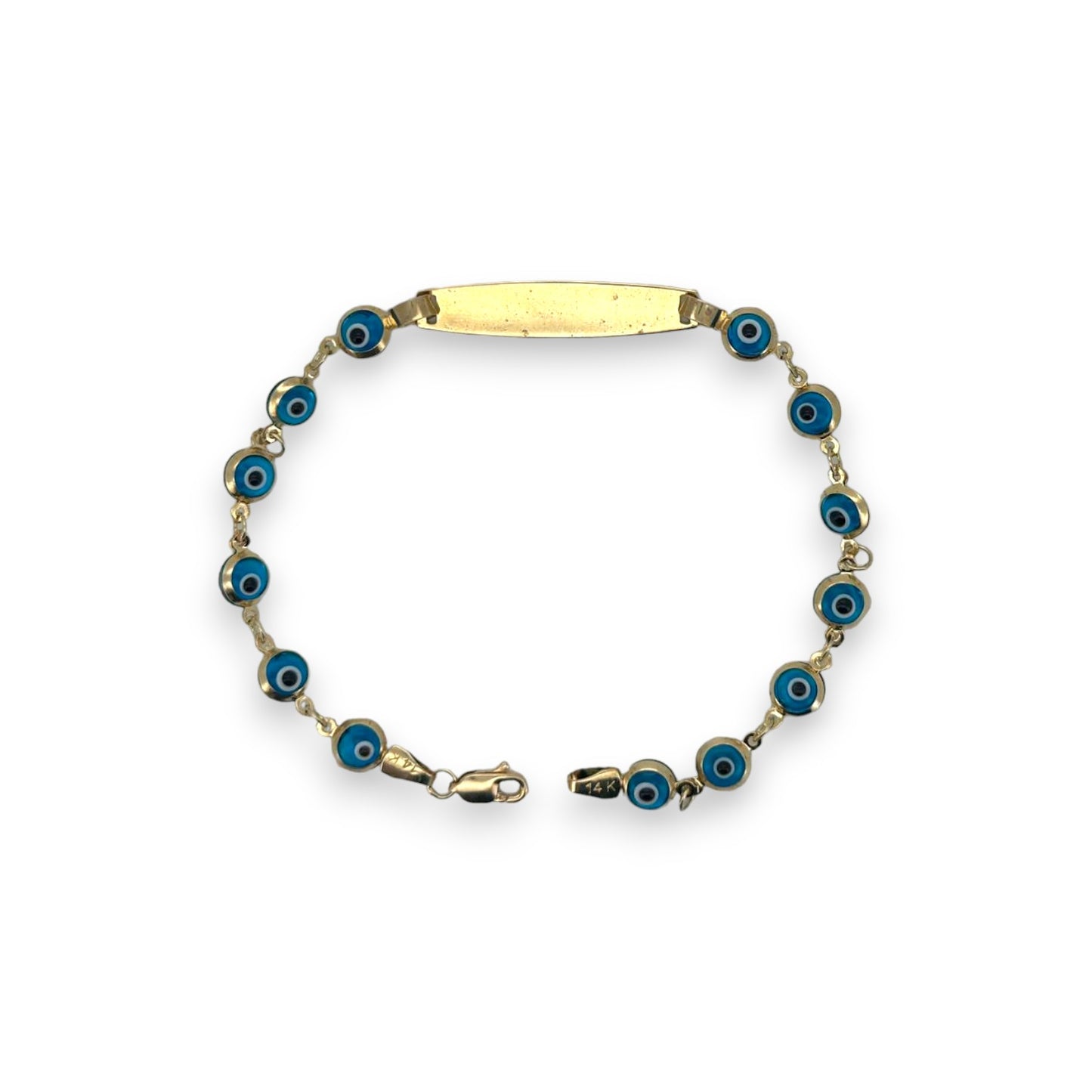 Evil Eye Custom Name Light Blue Bracelet - 14K Yellow Gold