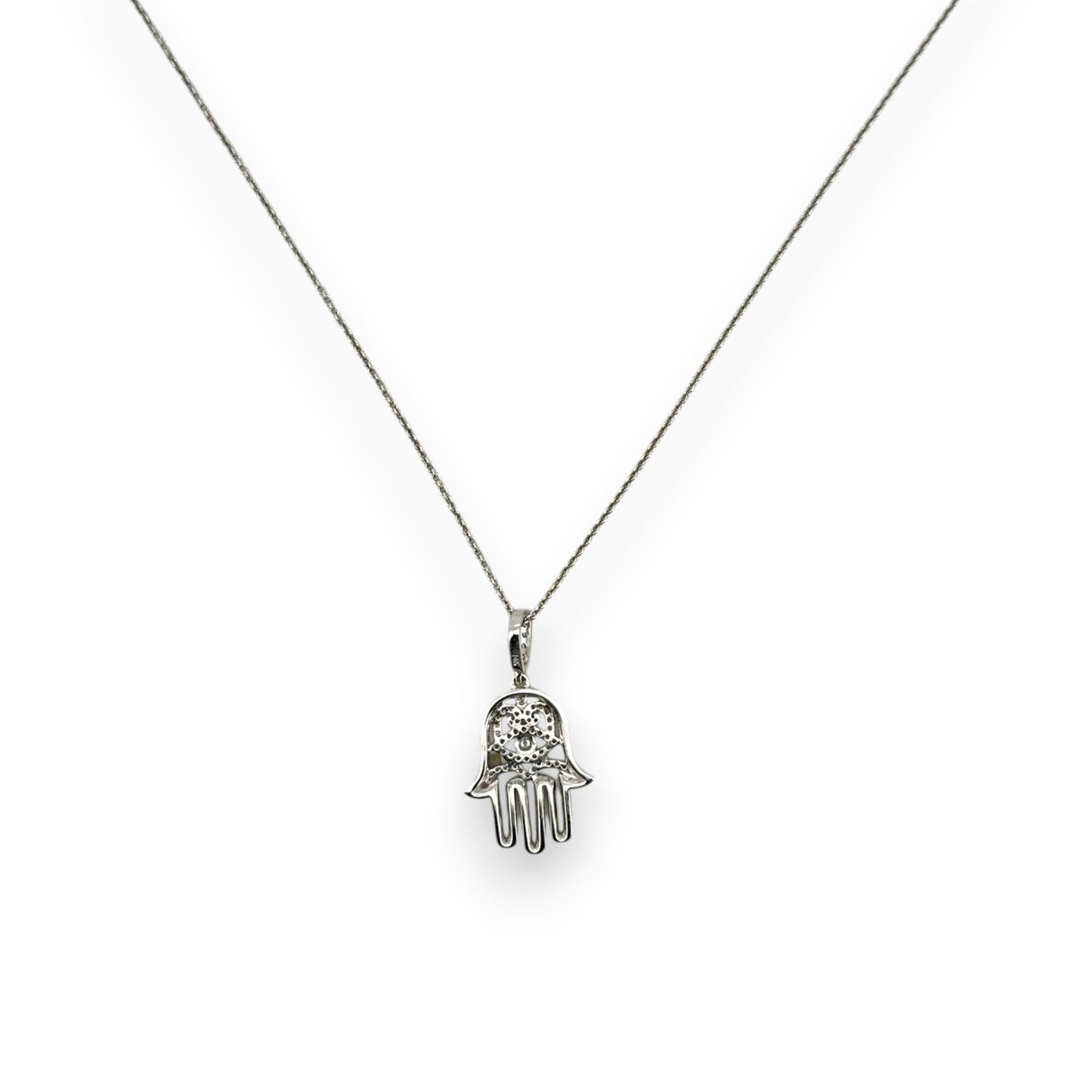 Hamsa Diamond Pendant With Cable Chain - 14K White Gold