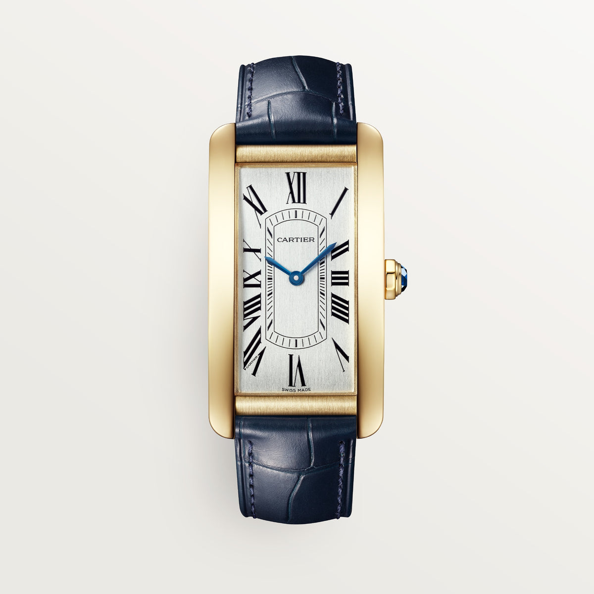 Cartier Tank Américaine WGTA0300 - Large model 18K yellow gold, Silvered satin-brushed Dial, Semi-matte navy blue alligator leather strap