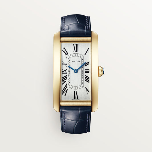 Cartier Tank Américaine WGTA0300 - Large model 18K yellow gold, Silvered satin-brushed Dial, Semi-matte navy blue alligator leather strap