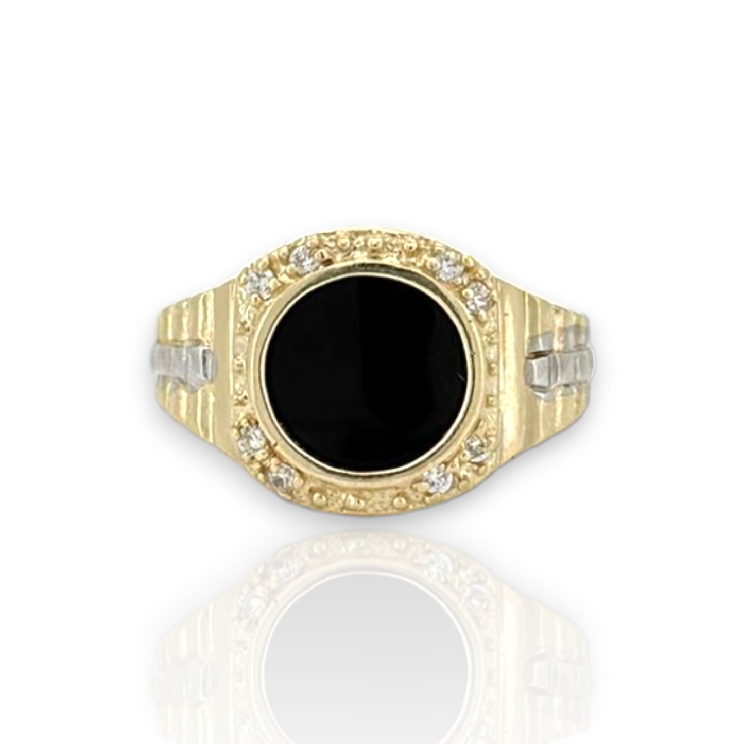 Railroad Round CZ Black Onyx Signet Ring - 10K Yellow Gold
