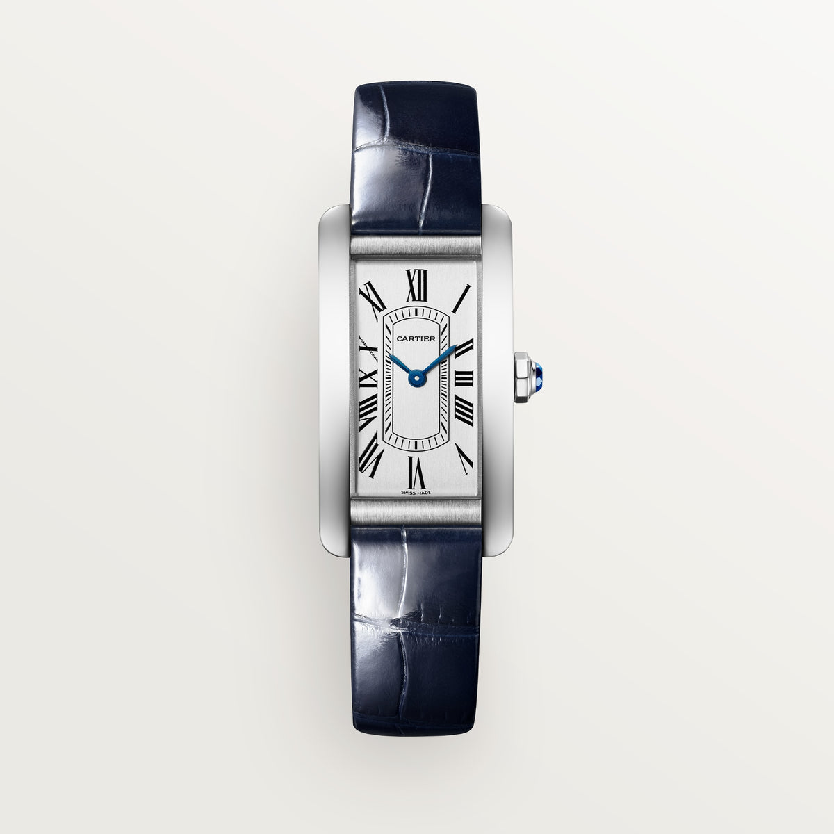 Cartier Tank Américaine WSTA0117 - Small model Steel, Silvered satin-brushed Dial, Shiny blue alligator-skin strap