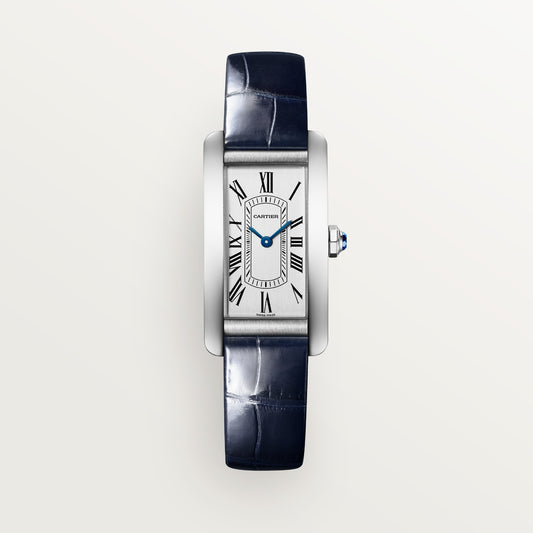 Cartier Tank Américaine WSTA0117 - Small model Steel, Silvered satin-brushed Dial, Shiny blue alligator-skin strap
