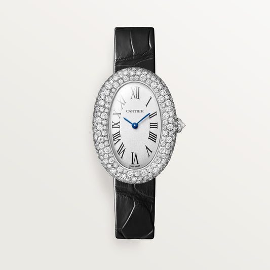 Cartier Baignoire WJBA0046 - Medium model Rhodium-finish 18K white gold, Silvered grained Dial, Navy blue alligator leather strap