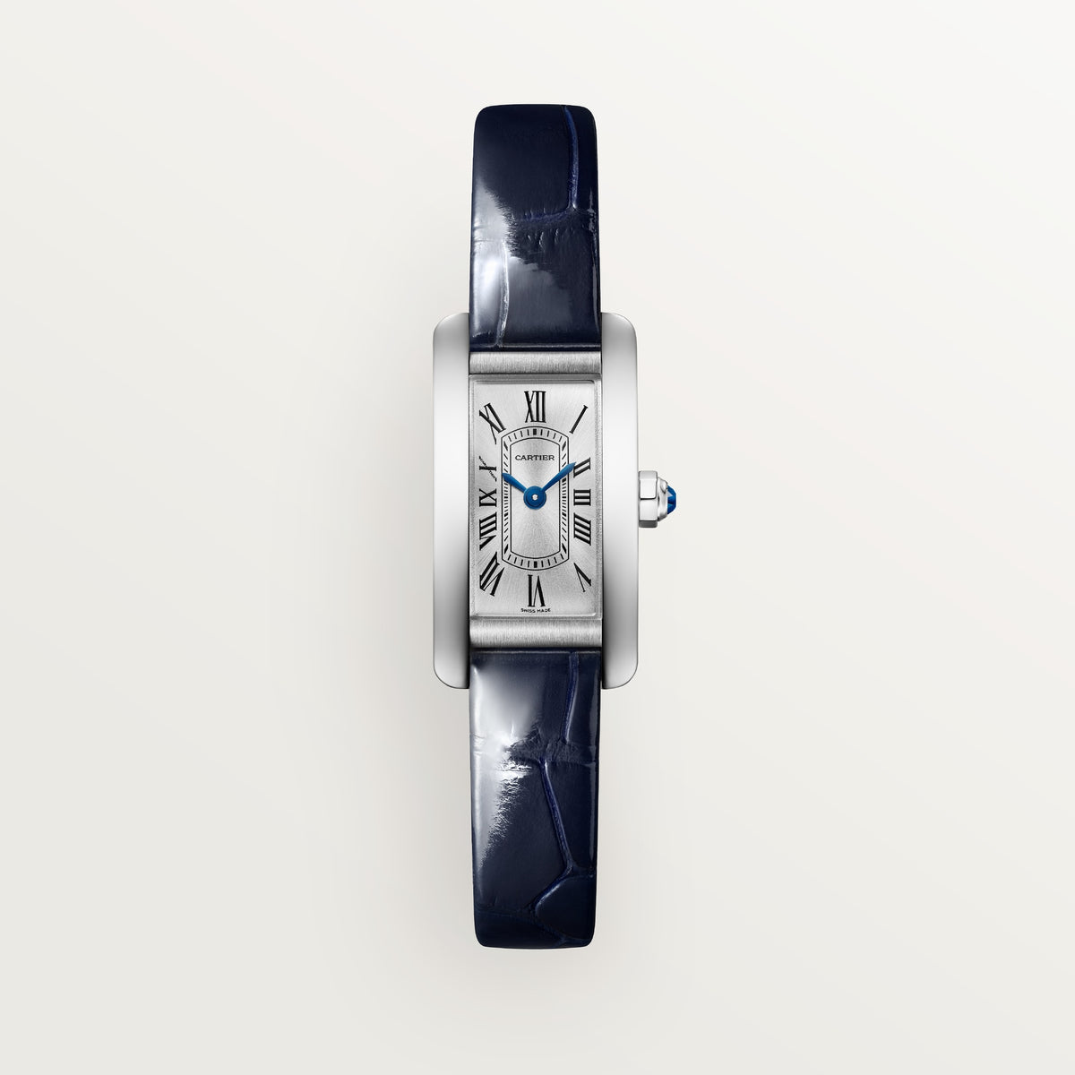 Cartier Tank Américaine WSTA0116 - Mini model Steel, Silvered sunray Dial, Shiny blue alligator-skin strap