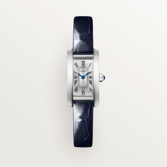 Cartier Tank Américaine WSTA0116 - Mini model Steel, Silvered sunray Dial, Shiny blue alligator-skin strap