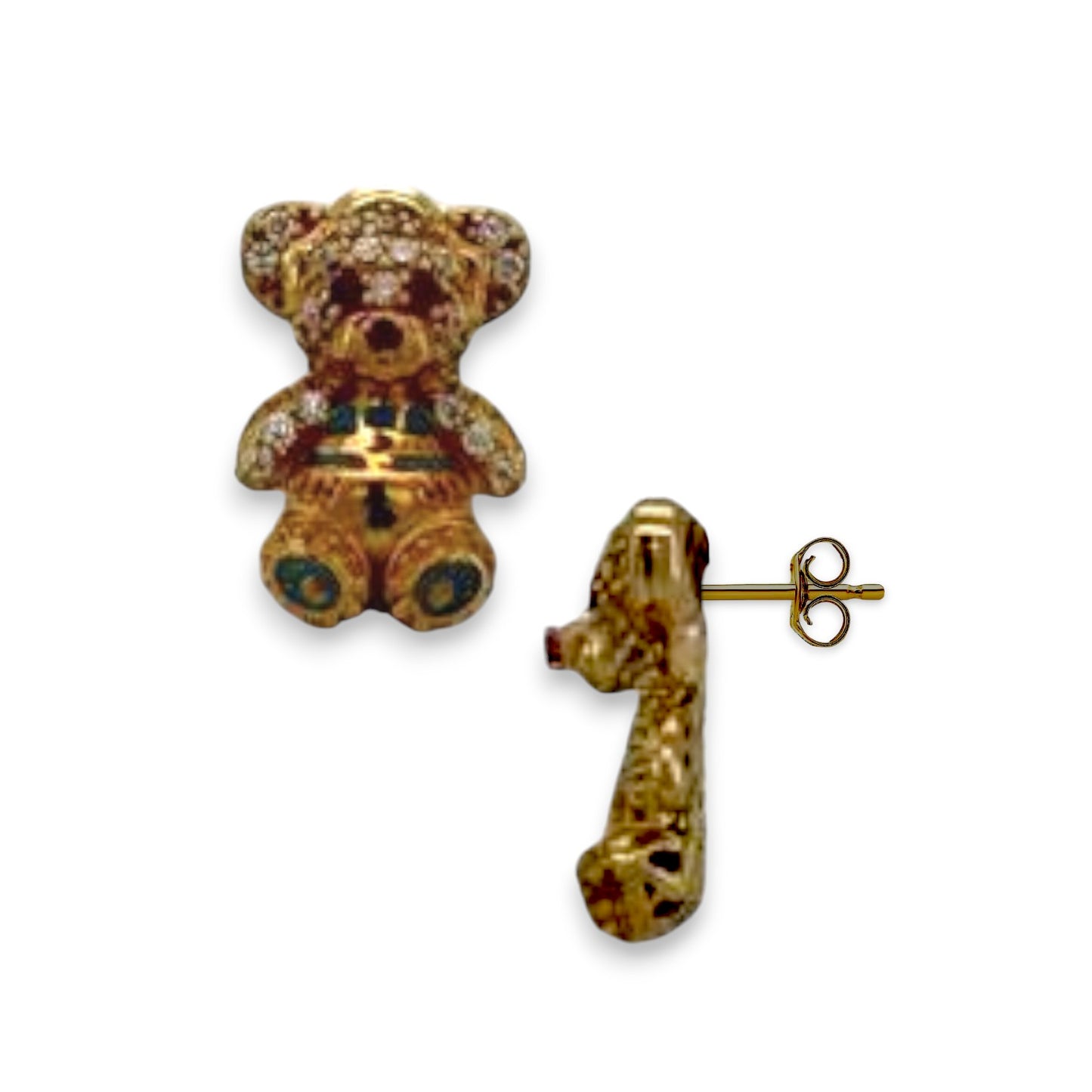 Teddy Bear Cz Earrings - 10K Yellow Gold