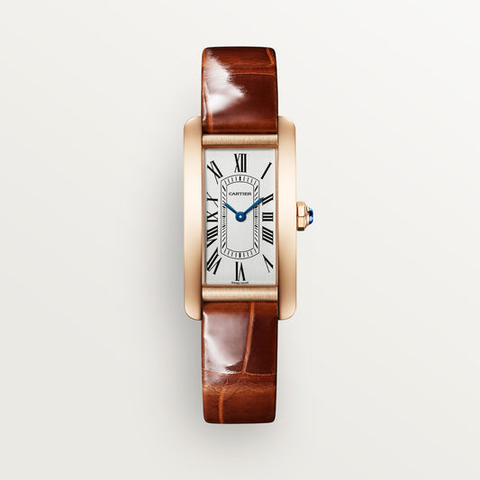 Cartier Tank Américaine WGTA0340 - Small model 18K rose gold, Silvered satin-brushed Dial, Dark brown shiny alligator-skin strap