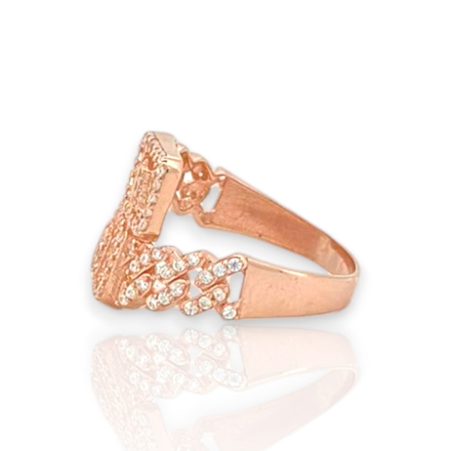 Miami Cuban With Baguette and Round Cut Wrap  Ring With CZ - 10K Rose Gold