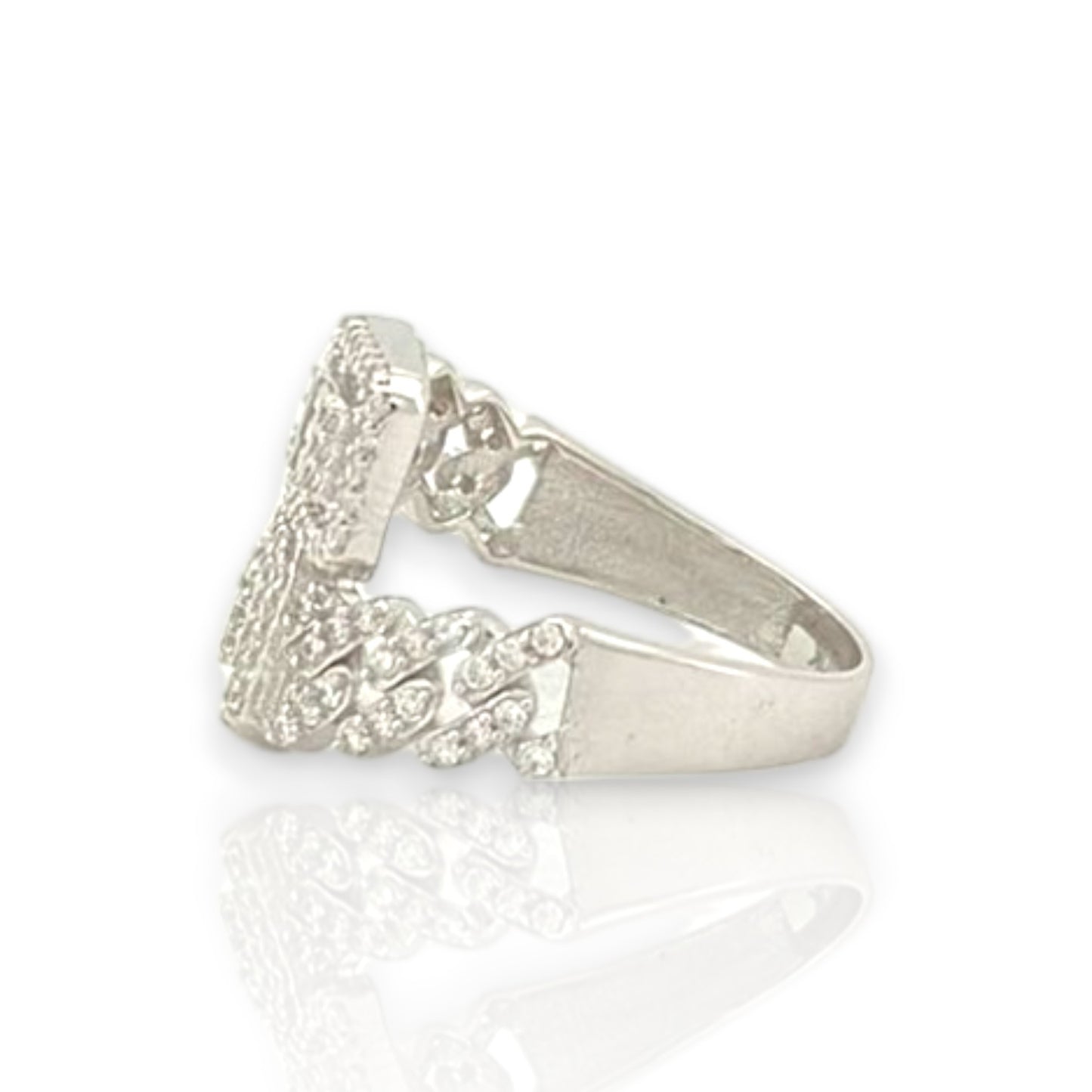 Miami Cuban With Baguette and Round Cut Wrap  Ring With CZ - 10K White Gold