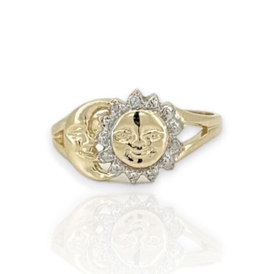 Diamond Cut Moon & Sun Face Ring Real - 10K Yellow Gold
