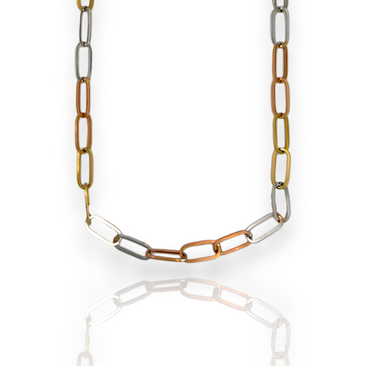 Paperclip Link Chain Necklace - 14K Tri Color Gold