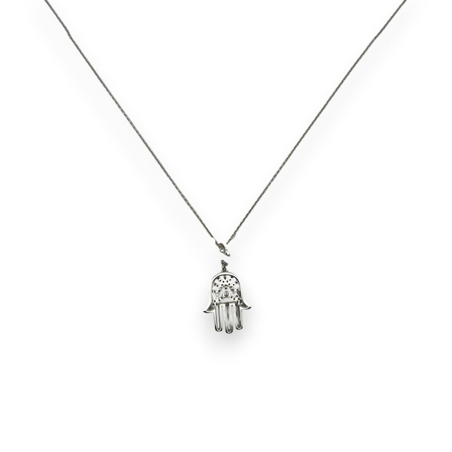 Hamsa Diamond Pendant With Cable Chain - 14K White Gold