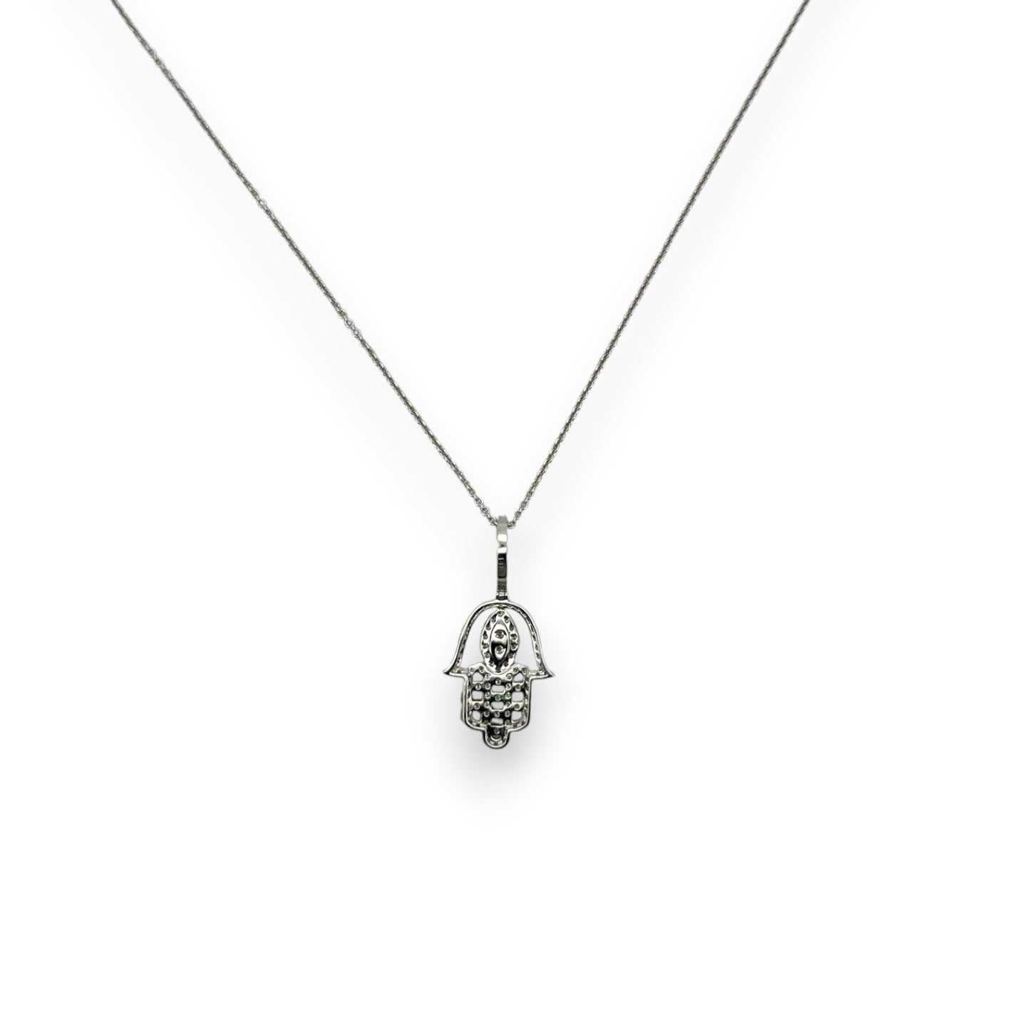 Hamsa Diamond Pendant With Cable Chain - 14K White Gold