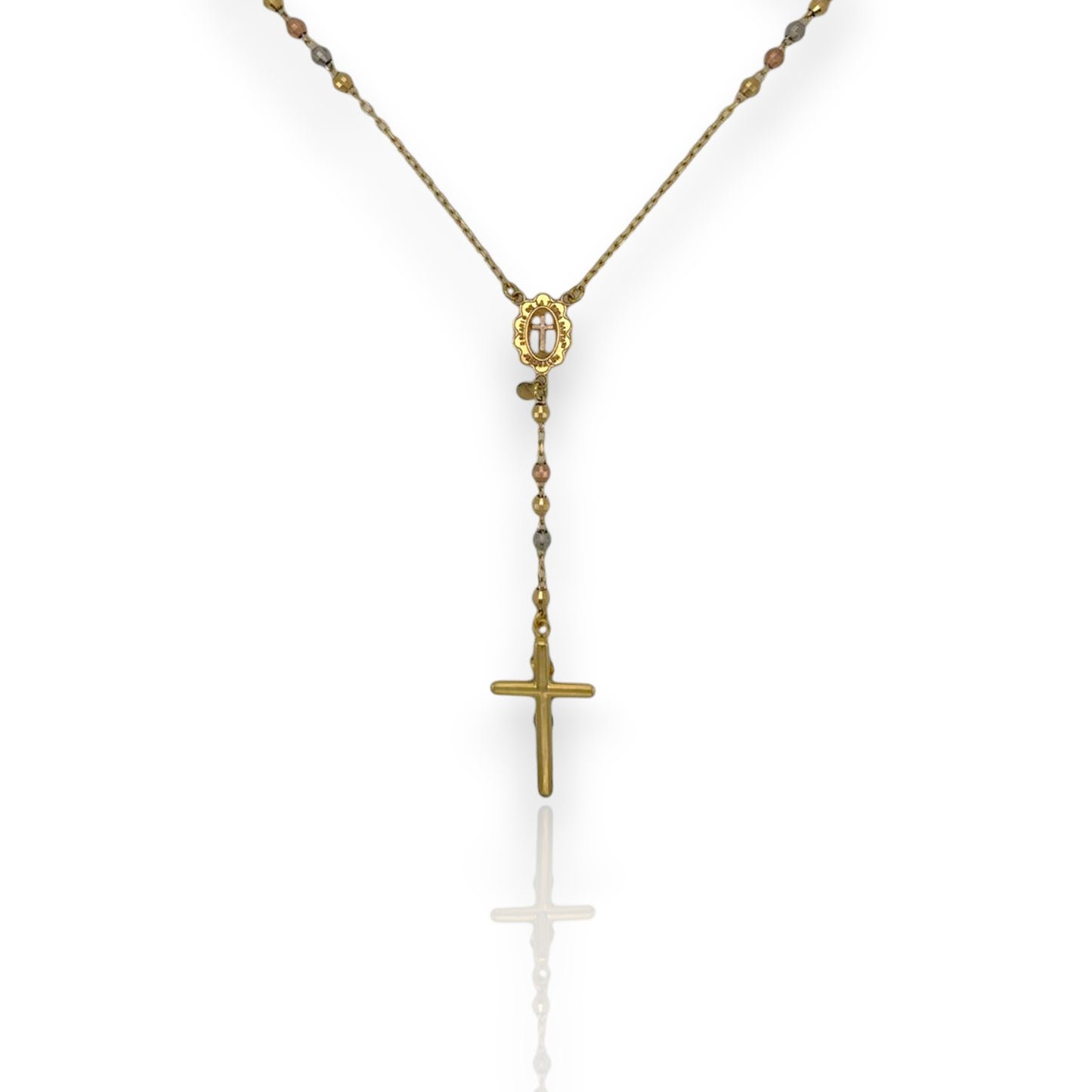 Diamond-Cut Cross Rosary Crucifix Chain Necklace 10K Tri-Color Gold