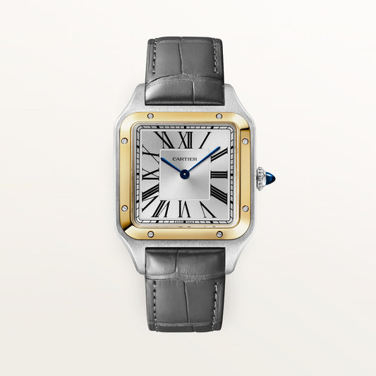 Cartier Santos-Dumont W2SA0046 - Large model Gold and steel (steel case, Silvered satin-finish sunray Dial, Anthracite gray alligator strap