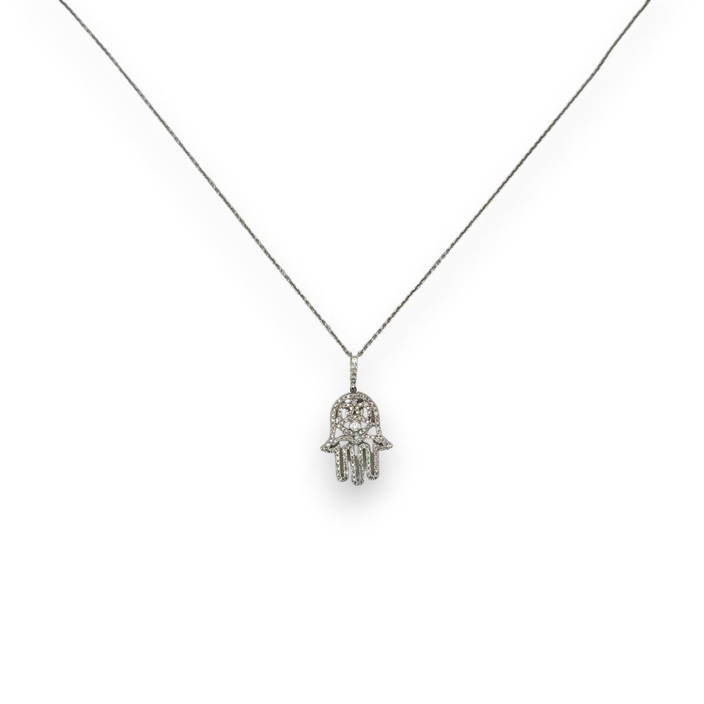 Hamsa Diamond Pendant With Cable Chain - 14K White Gold