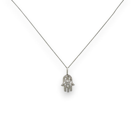 Hamsa Diamond Pendant With Cable Chain - 14K White Gold