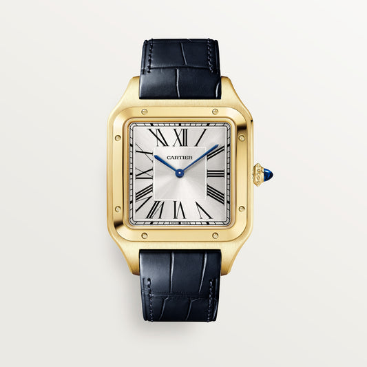 Cartier Santos-Dumont WGSA0108 - Extra-large model 18K yellow gold, Silvered satin-finish sunray Dial, Blue alligator strap
