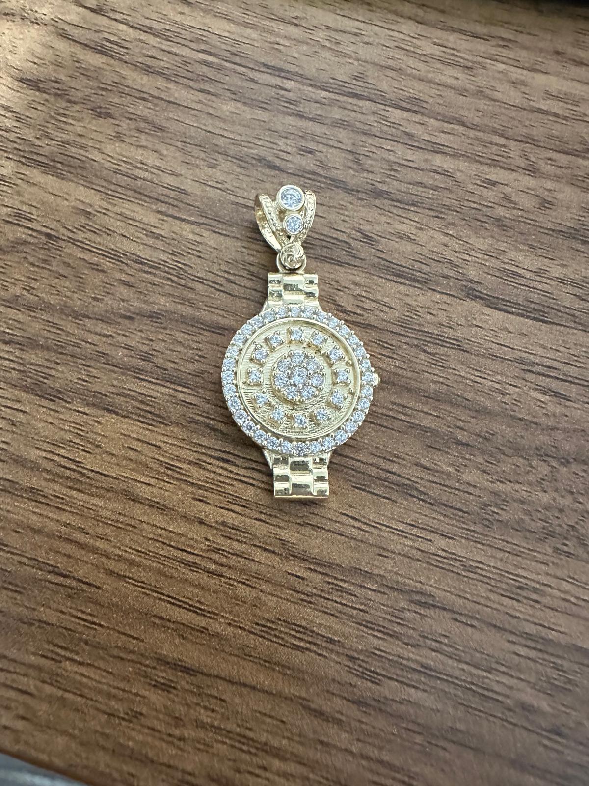 14K Yellow Gold - Watch Style Cubic Zirconia Pendant