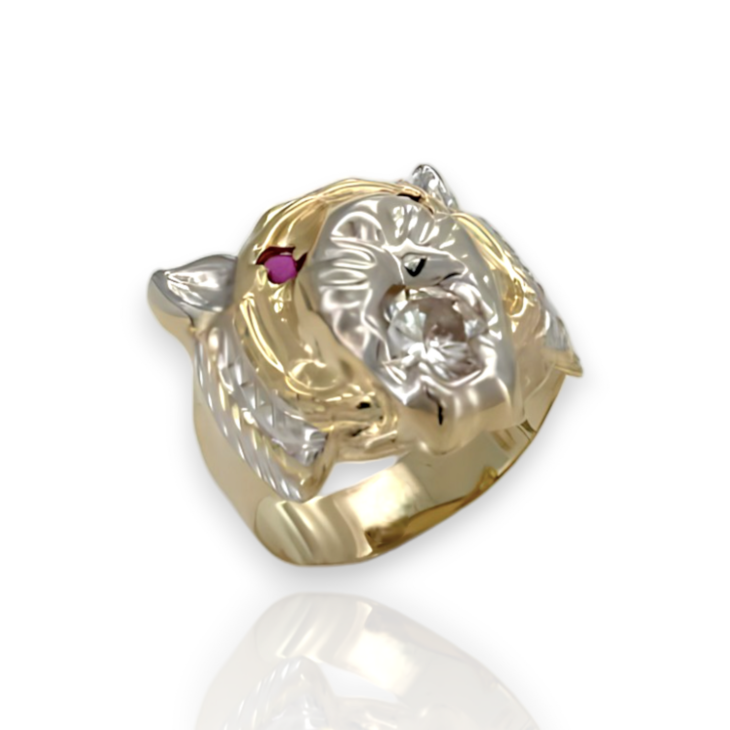 Textured Tiger Head Ruby Eyes CZ Yellow Gold Ring  - 10K Yellow Pave