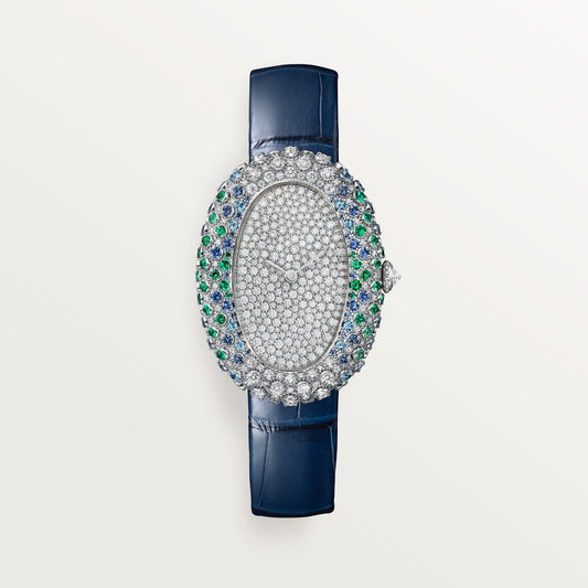 Cartier Baignoire WJBA0060 - Medium model 18K white gold, Dial set with 262 diamonds totaling 1.07 carats Dial, Blue alligator leather strap