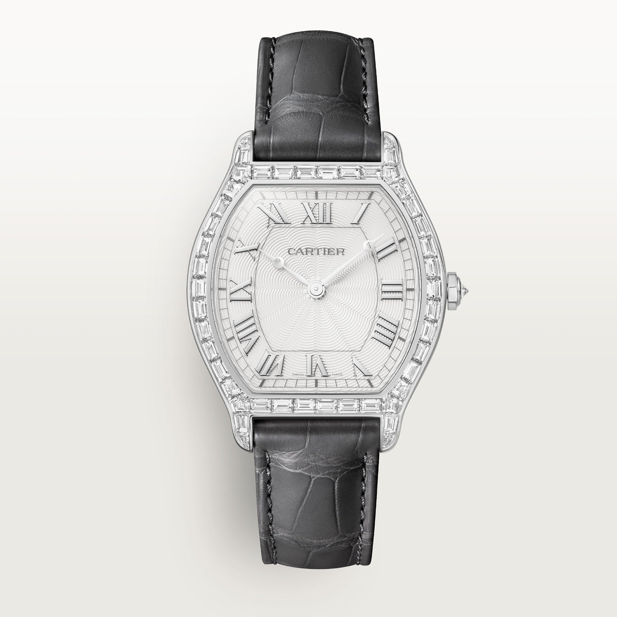 Cartier Tortue Watch HPI01830 - Large model Platinum 950/1000, Guilloché with silvered Roman numeral hour-markers Dial, Gray and navy blue alligator leather straps
