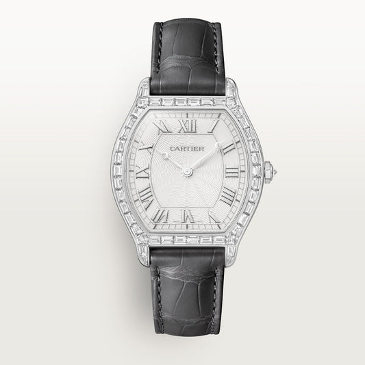 Cartier Tortue Watch HPI01830 - Large model Platinum 950/1000, Guilloché with silvered Roman numeral hour-markers Dial, Gray and navy blue alligator leather straps
