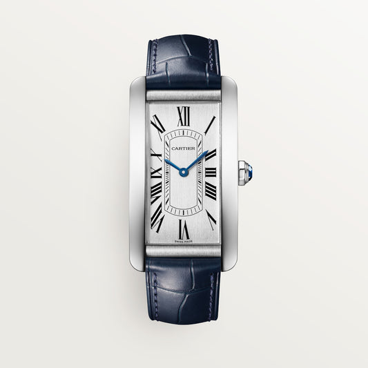 Cartier Tank Américaine WSTA0083 - Large model Steel, Silvered satin-brushed Dial, Semi-matte navy blue alligator-skin strap