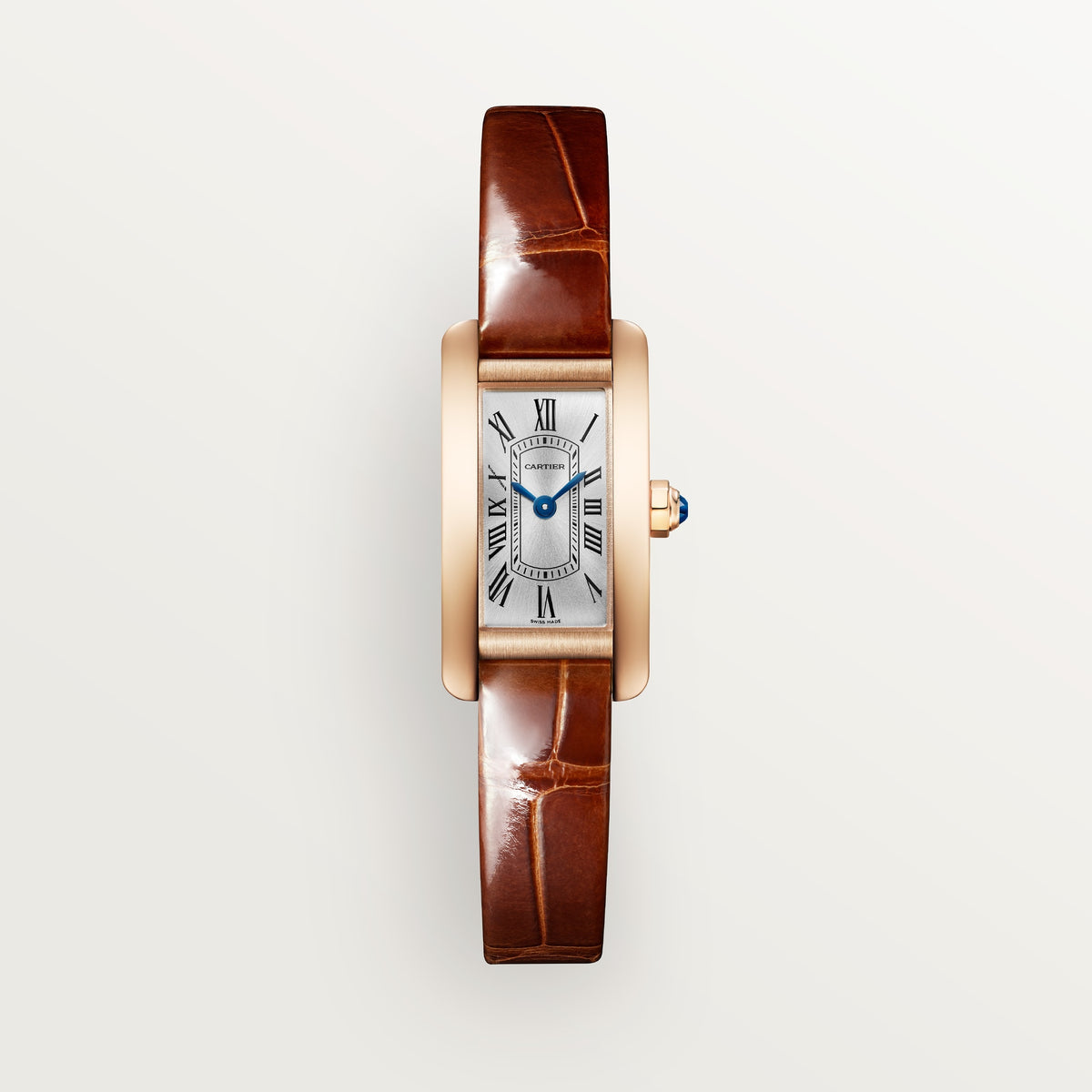 Cartier Tank Américaine WGTA0341 - Mini model 18K rose gold, Silvered sunray Dial, Dark brown shiny alligator-skin strap
