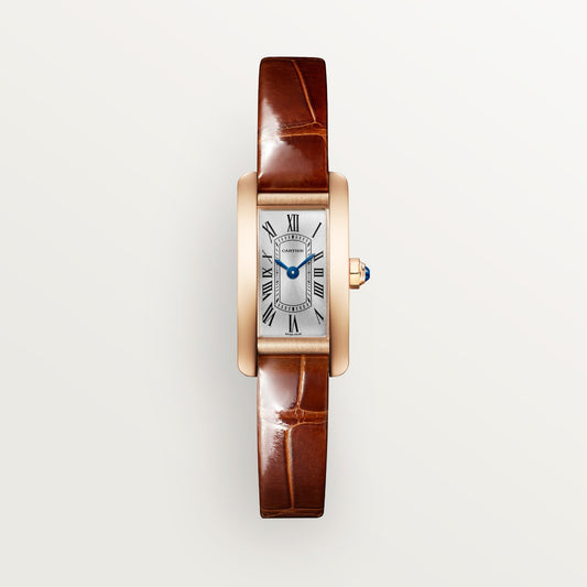 Cartier Tank Américaine WGTA0341 - Mini model 18K rose gold, Silvered sunray Dial, Dark brown shiny alligator-skin strap