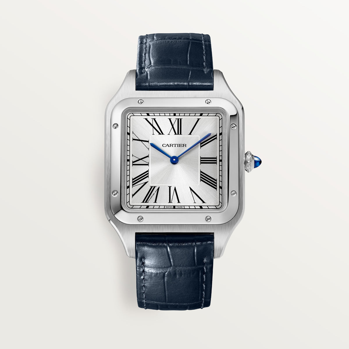 Cartier Santos-Dumont WSSA0032 - Extra-large model Steel, Silver satin-finish sunray Dial, Navy blue alligator strap
