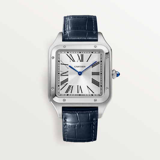Cartier Santos-Dumont WSSA0032 - Extra-large model Steel, Silver satin-finish sunray Dial, Navy blue alligator strap