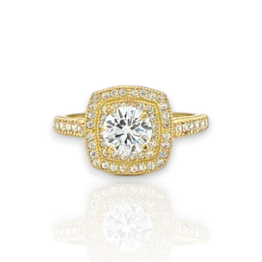 Round Cut Center Stone Halo Engagement Ring - 10k Yellow Gold