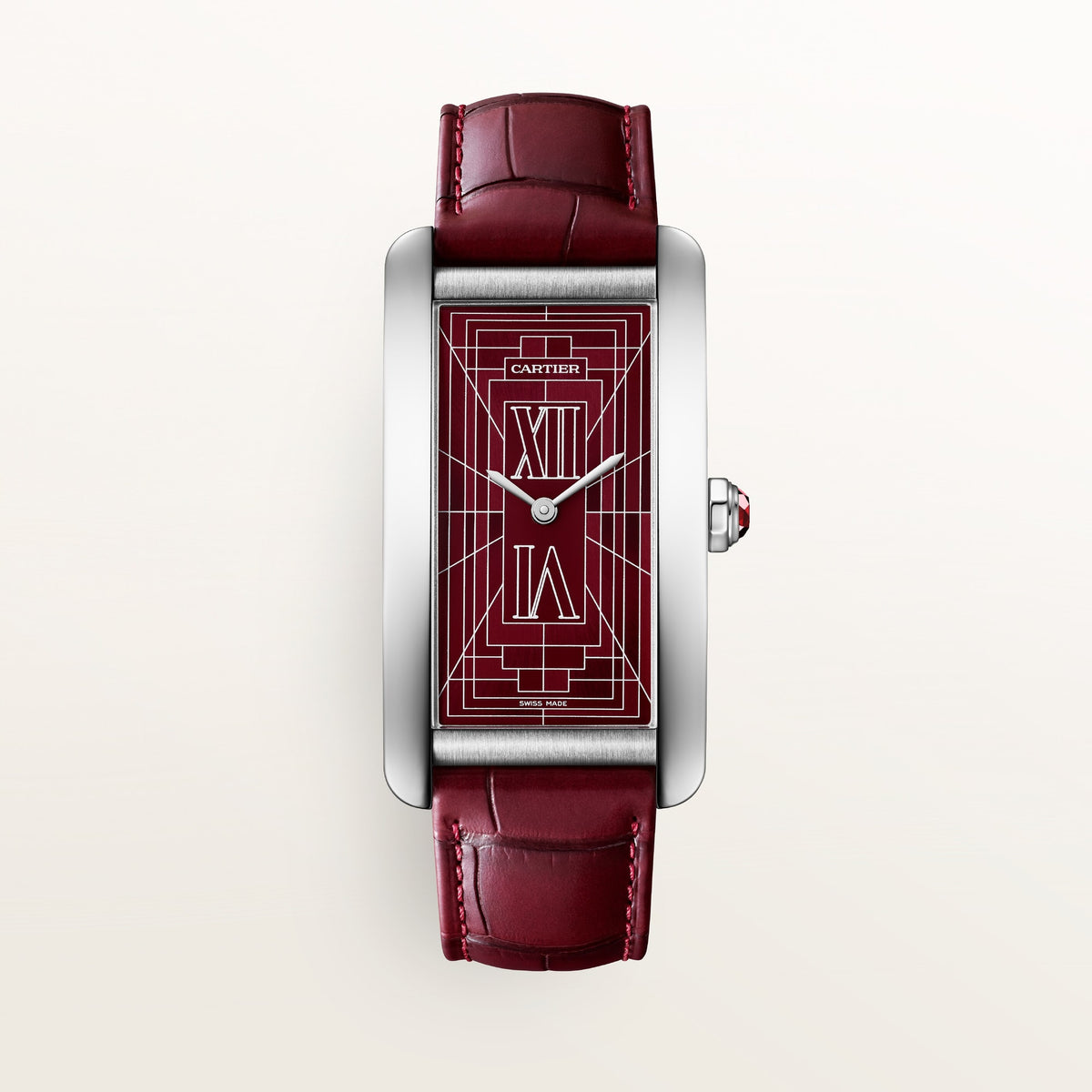 Cartier Tank Américaine WGTA0371 - Large model Platinum (950/1000), Burgundy opaline and satin sunray-effect Dial, Semi-matte burgundy alligator leather strap