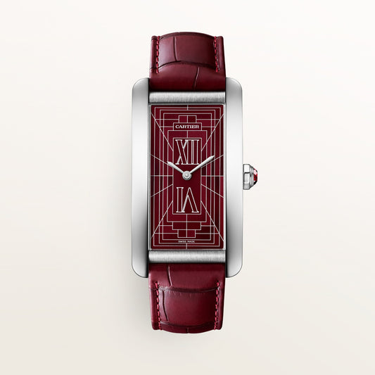 Cartier Tank Américaine WGTA0371 - Large model Platinum (950/1000), Burgundy opaline and satin sunray-effect Dial, Semi-matte burgundy alligator leather strap