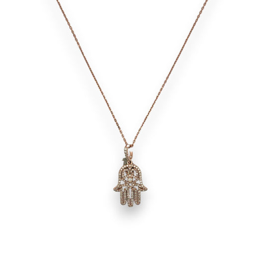 Hamsa Diamond Pendant With Cable Chain - 14K Rose Gold