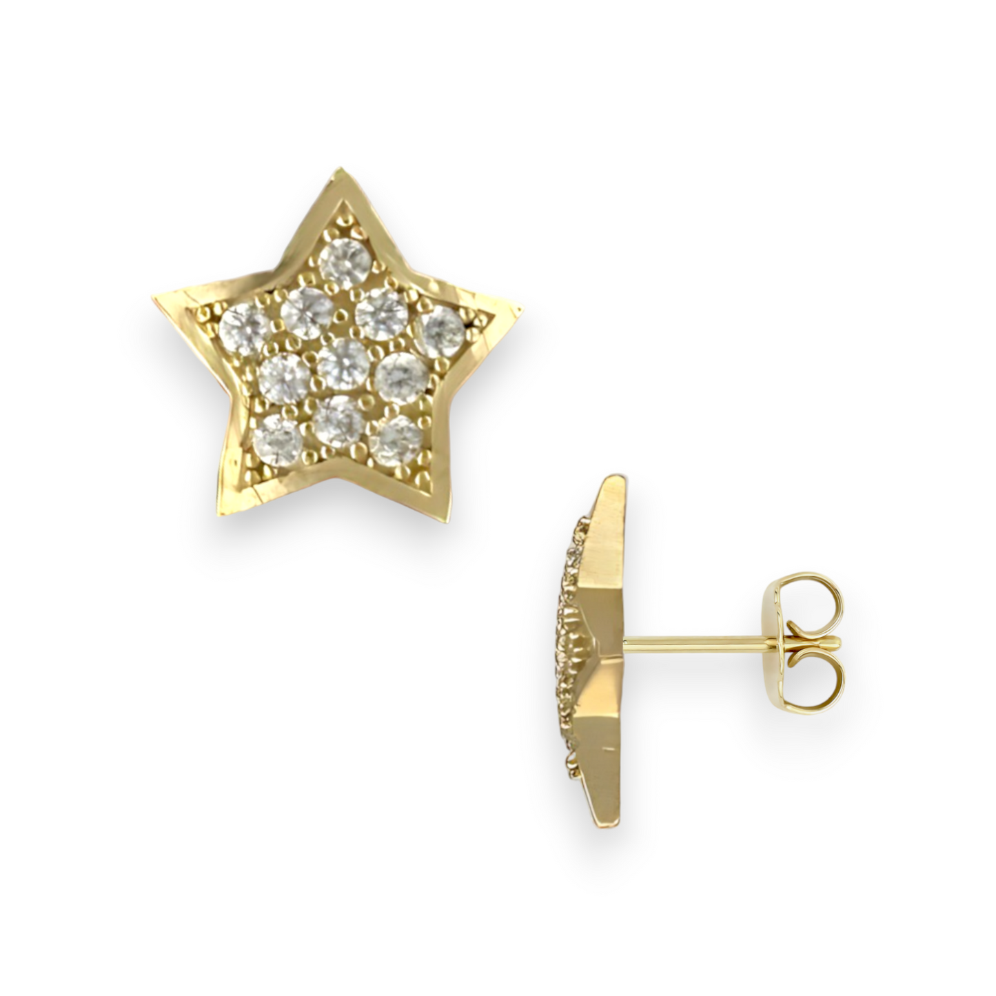 Yellow Gold CZ Round Cut Mico-Pave Star Stud Earrings - 10k Yellow Gold