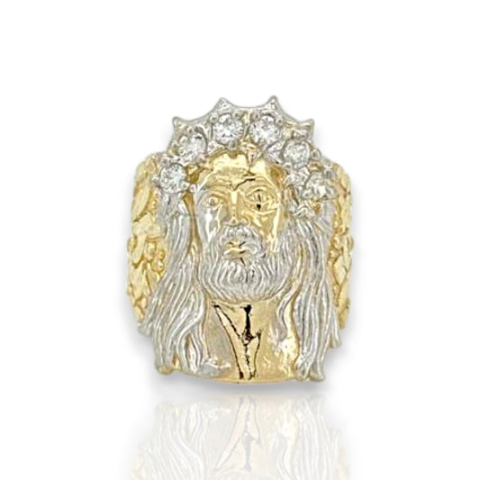 Cabeza de Jesús en dos tonos con anillo CZ - Oro amarillo de 10 quilates 