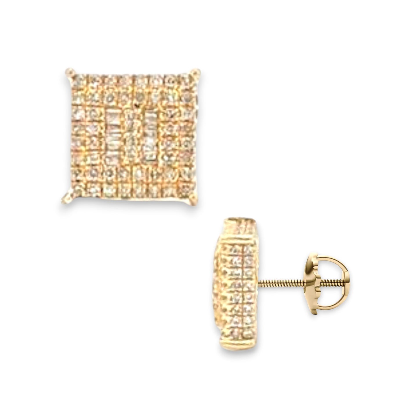 1.21ct Diamond Baguette and Round Stud Earrings - 14k Yellow Gold