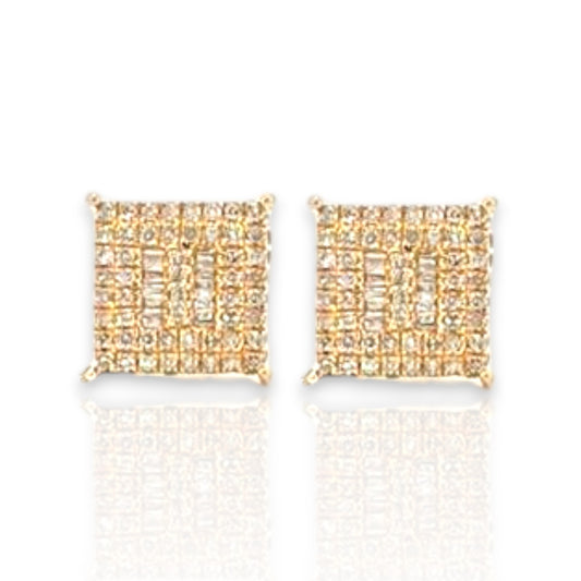 1.21ct Diamond Baguette and Round Stud Earrings - 14k Yellow Gold